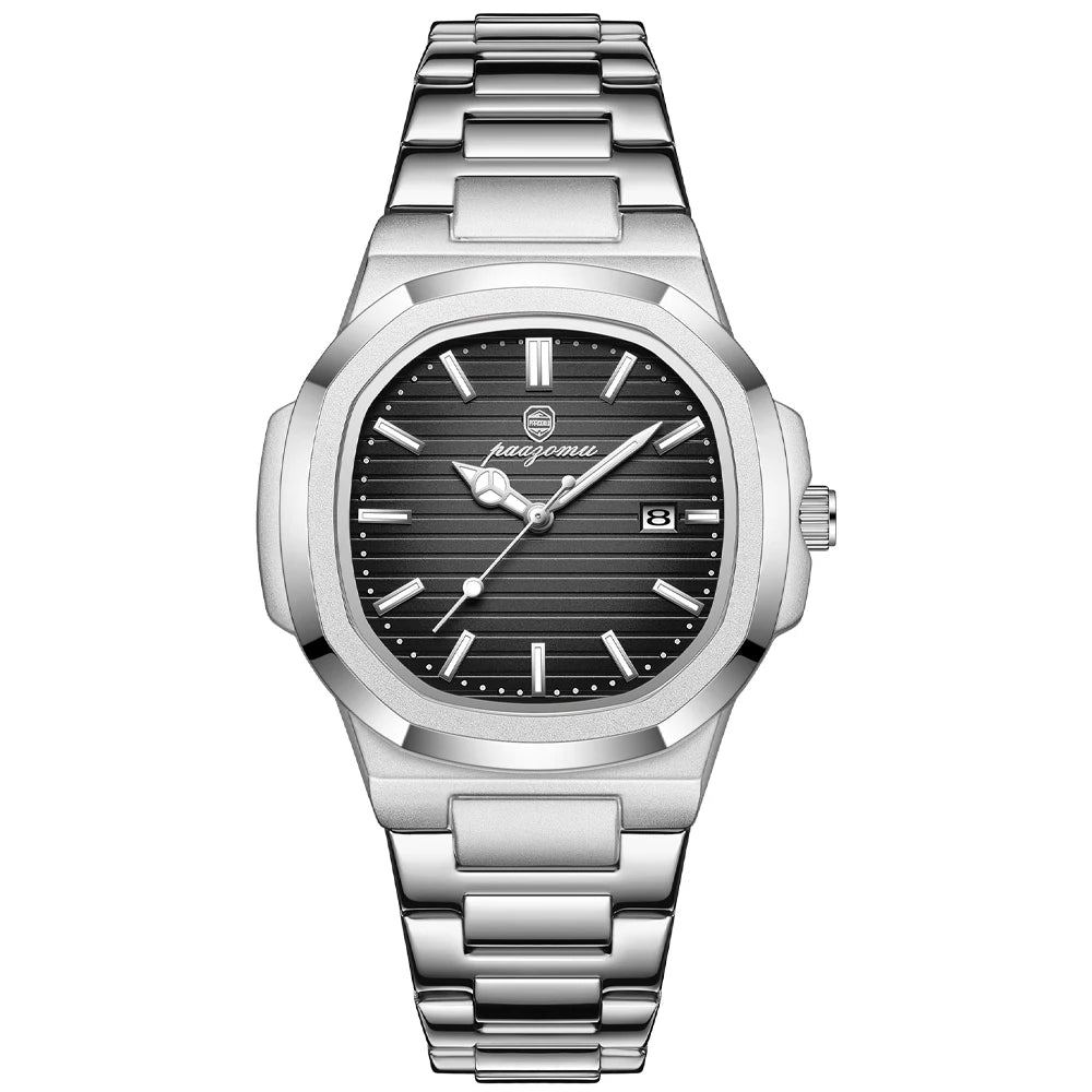 PAAZOMU Luxury Man Wristwatch Waterproof Luminous Week Watch for Men Stainless Steel Men's Quartz Watches reloj hombre Clock+box