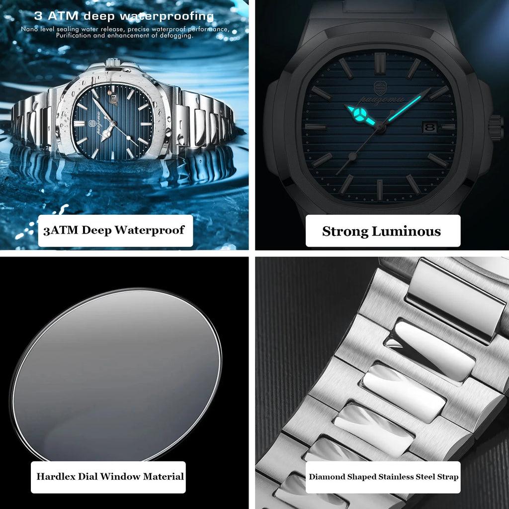 PAAZOMU Luxury Man Wristwatch Waterproof Luminous Week Watch for Men Stainless Steel Men's Quartz Watches reloj hombre Clock+box