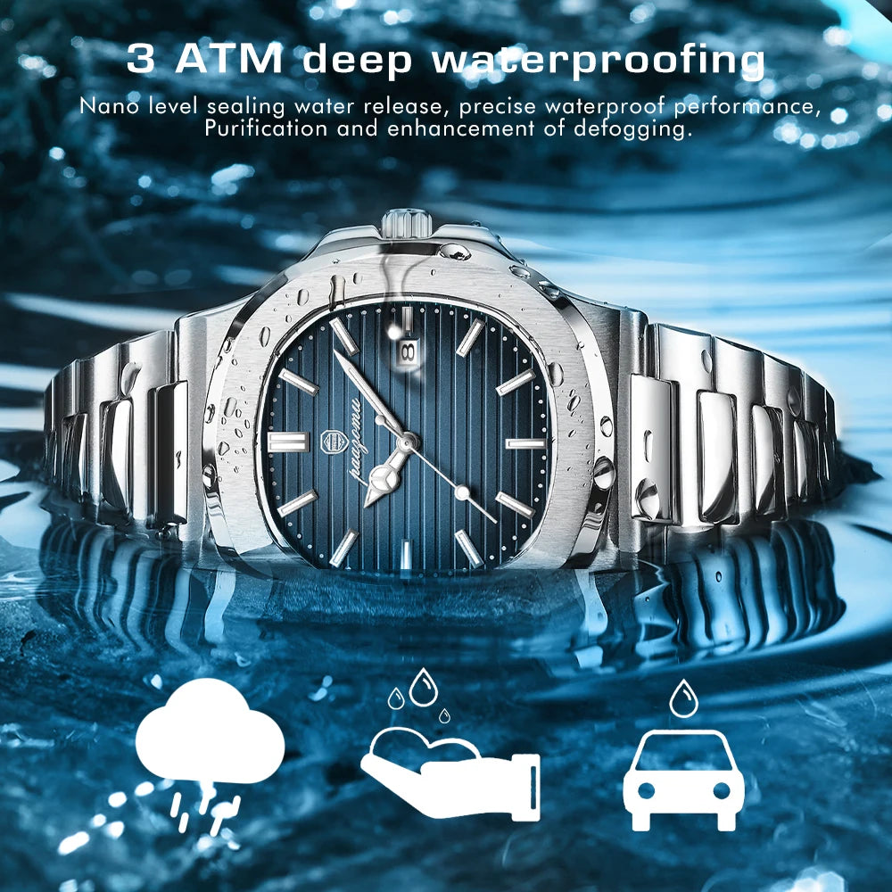 PAAZOMU Luxury Man Wristwatch Waterproof Luminous Week Watch for Men Stainless Steel Men's Quartz Watches reloj hombre Clock+box